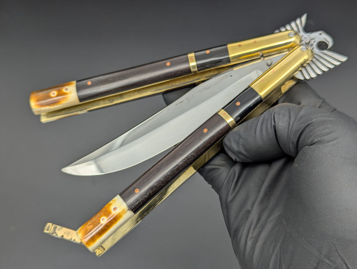11.25" Dark Wood Carved Eagle FHM Clip Point Balisong
