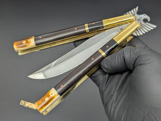 11.25" Dark Wood Carved Eagle FHM Clip Point Balisong