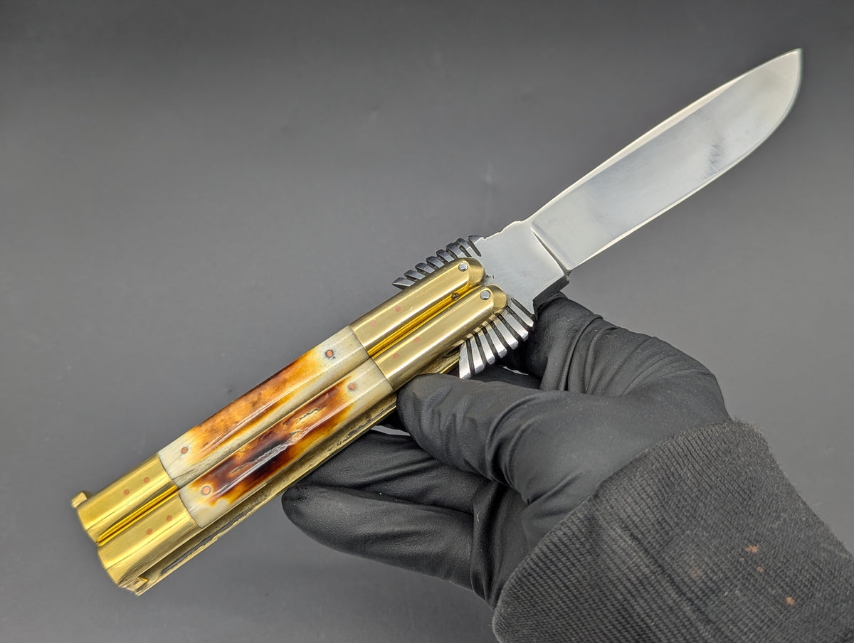 22cm PHILIPPINES HANDMADE EAGLE TANG BALISONG KNIFE BURNT BONE 2