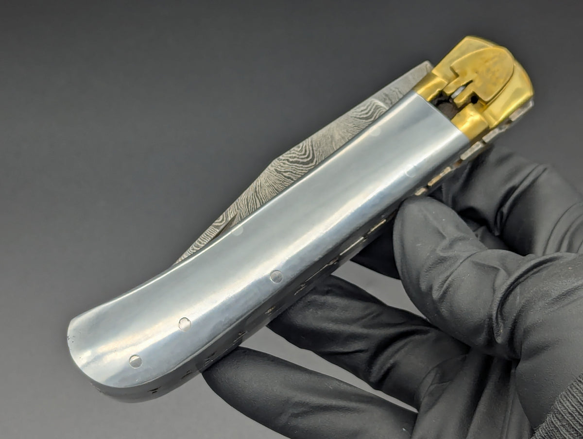 9" DAMASCUS & ALUMINUM AUTOMATIC LEVERLOCK SWITCHBLADE KNIFE
