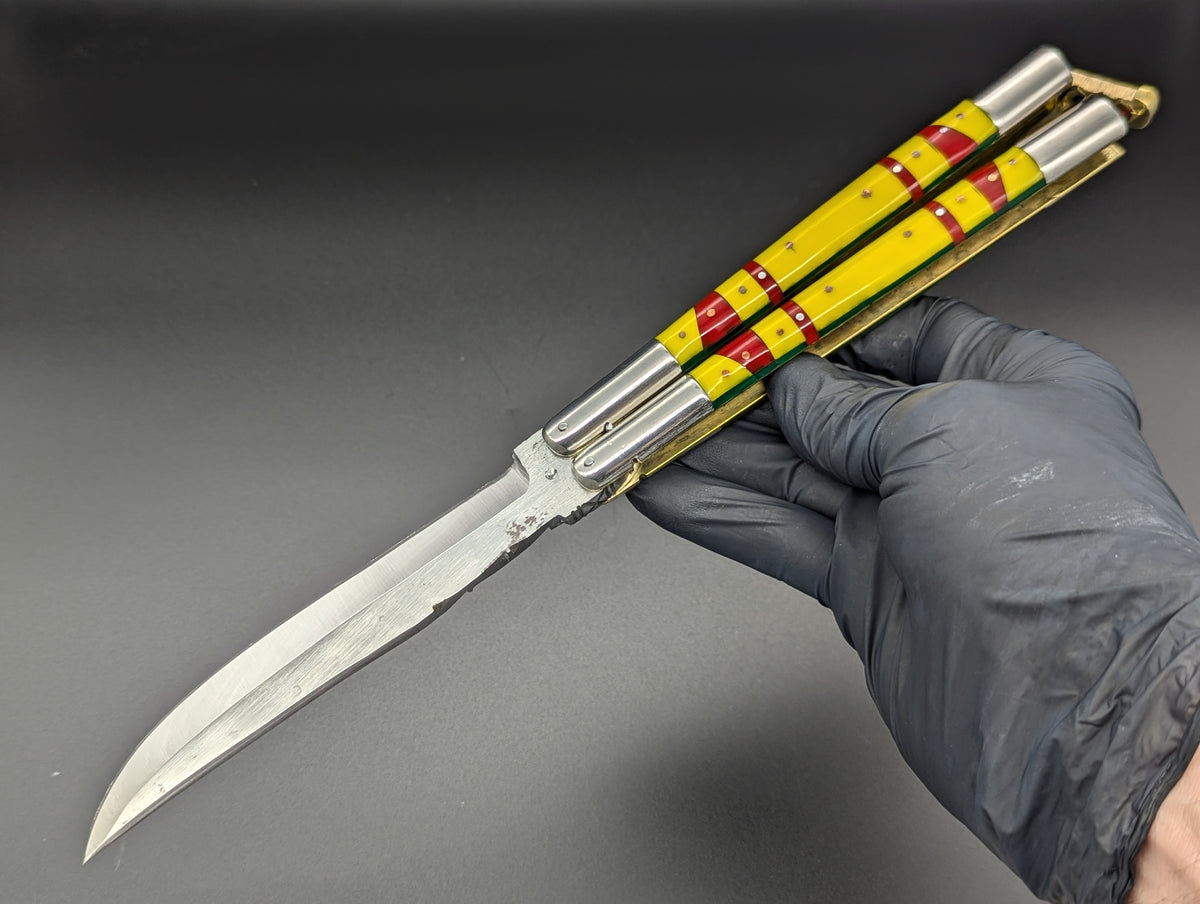 29cm 270g FIESTA FHM BALISONG YELLOW/ RED CLIP POINT