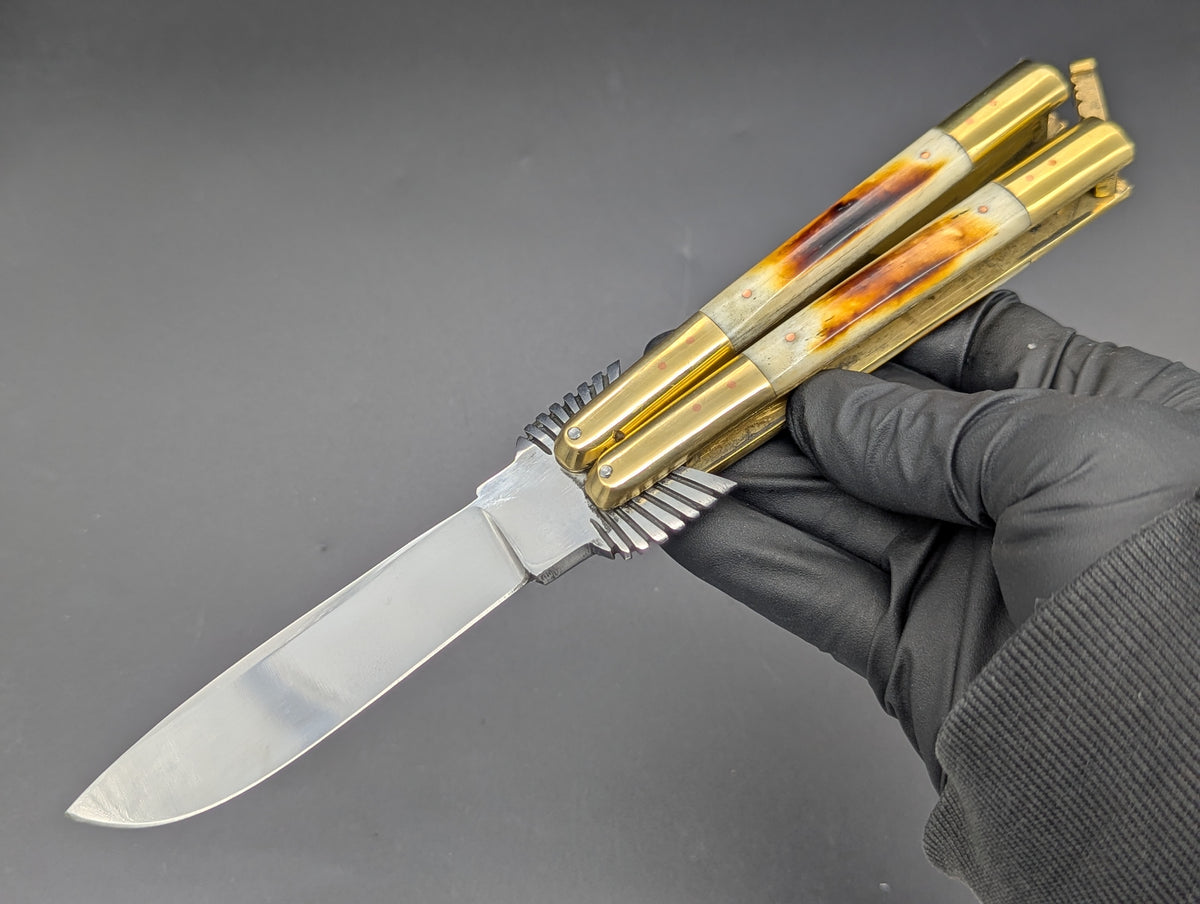 22cm PHILIPPINES HANDMADE EAGLE TANG BALISONG KNIFE BURNT BONE 2