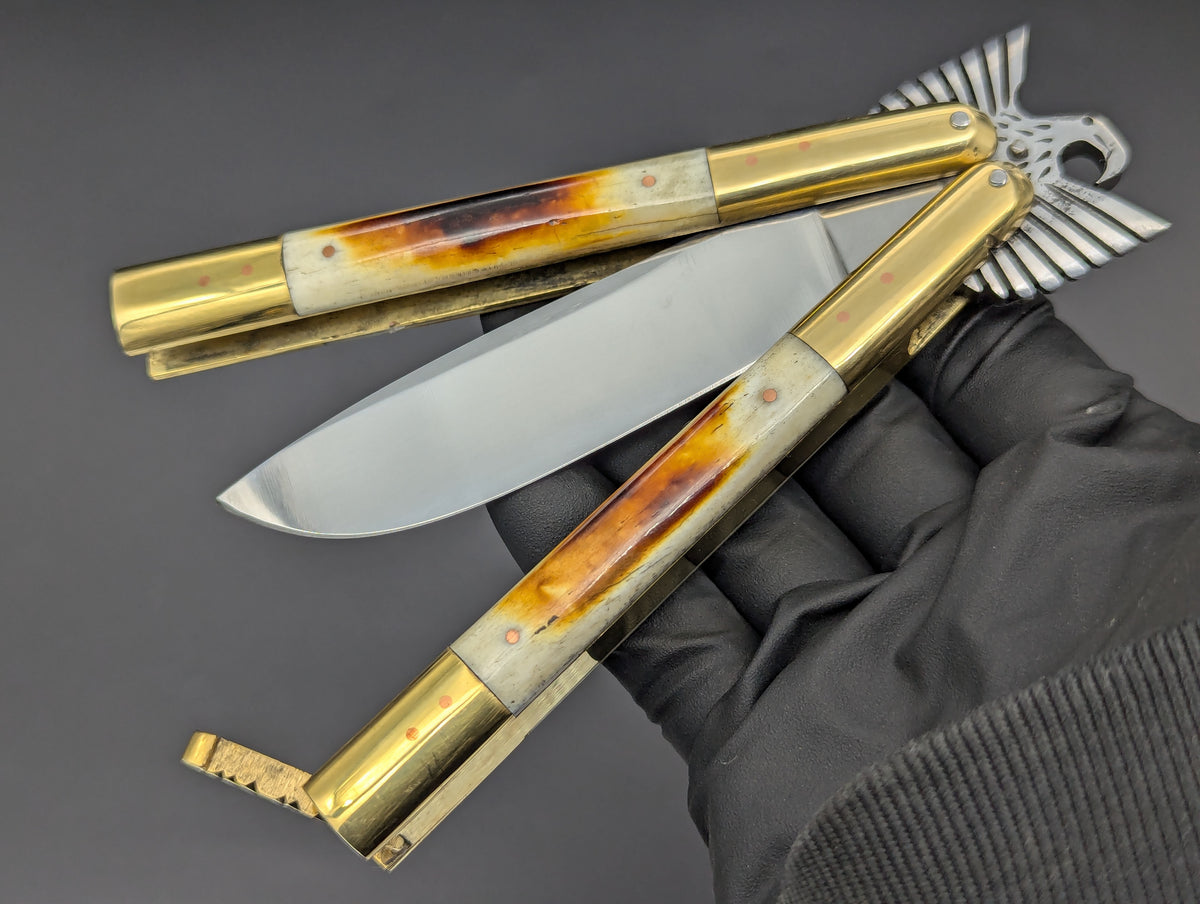 22cm PHILIPPINES HANDMADE EAGLE TANG BALISONG KNIFE BURNT BONE 2