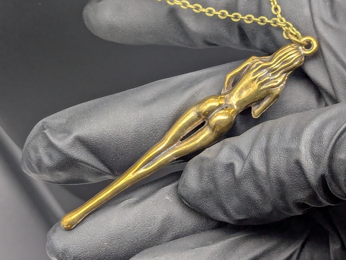 24" Antiqued Bronze Burlesque Risque Nudie Goddess Spoon w/ Steel Link Necklace