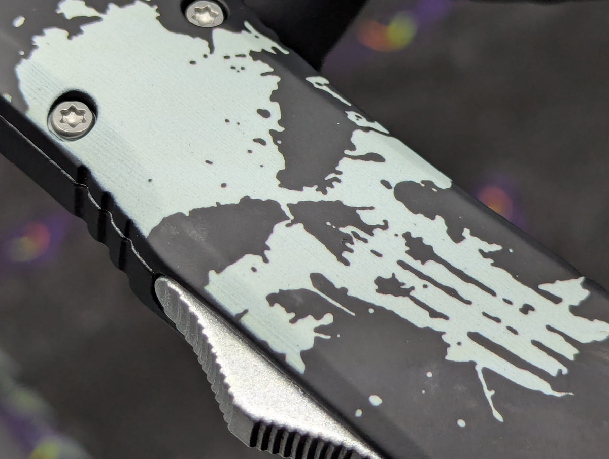 9.25" SKULL CLASSIC D/A OTF KNIFE FAUX DAMASCUS TANTO
