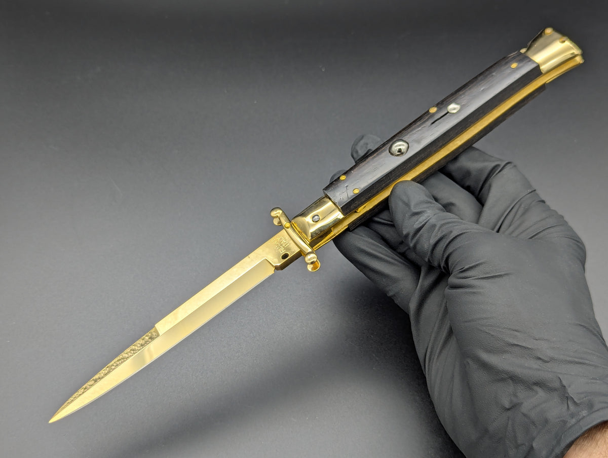24K GOLD 11" FRANK BELTRAME EBONY WOOD SWINGUARD SWITCHBLADE KNIFE