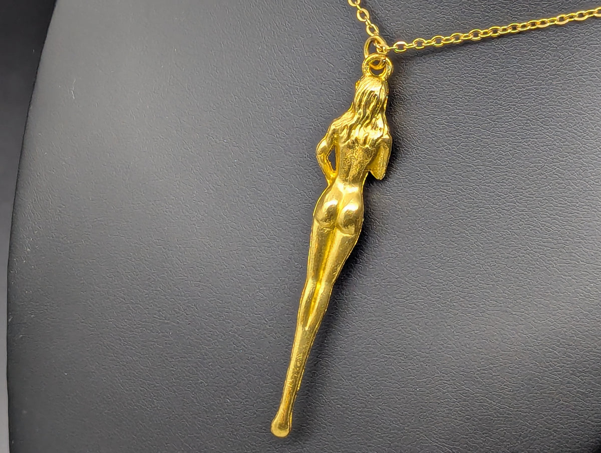 22" Gold Burlesque Risque Nudie Goddess Mini Spoon w/ Steel Link Necklace