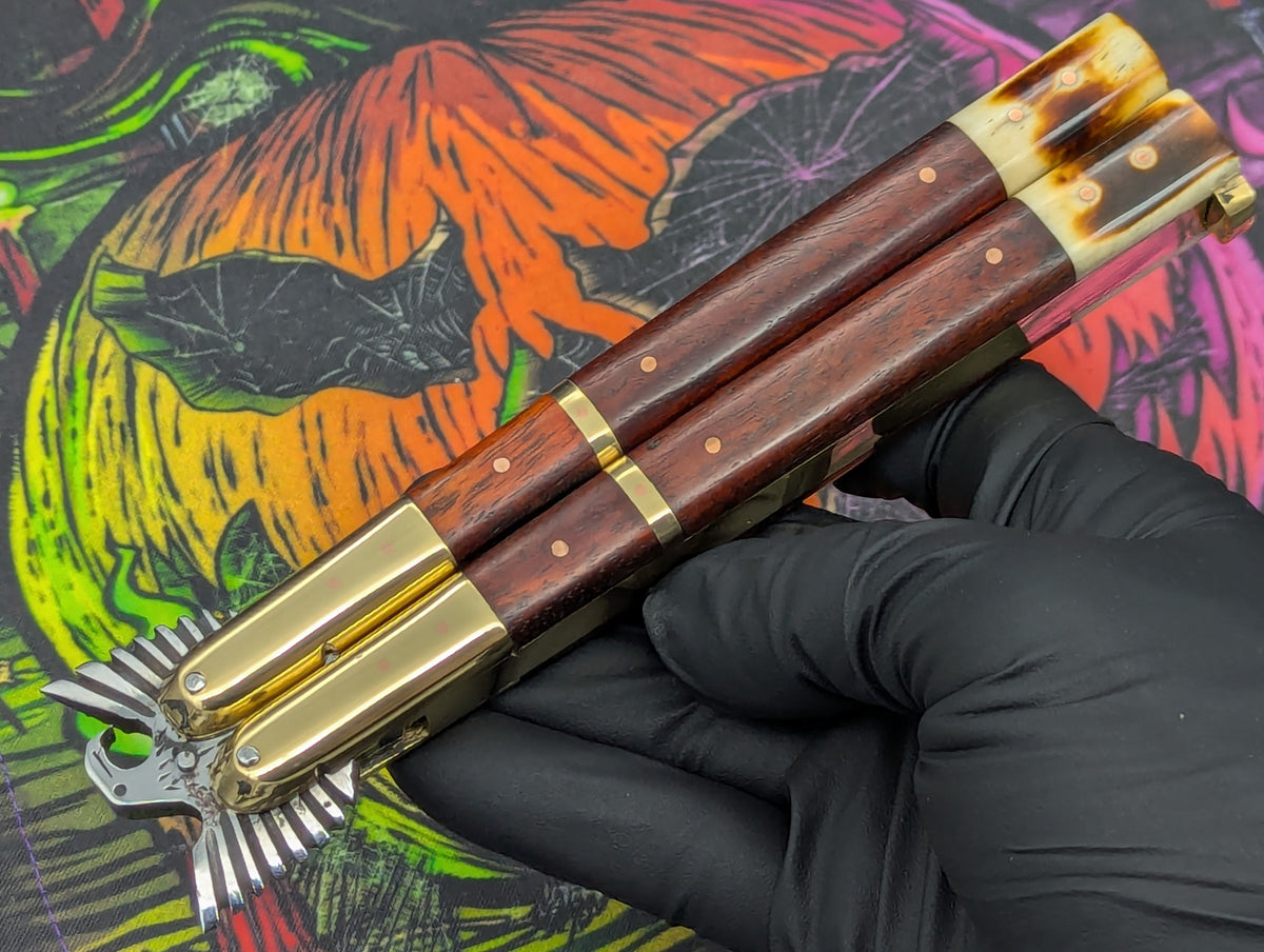 Solid Red Wood Carved Eagle FHM Balisong Clip Point