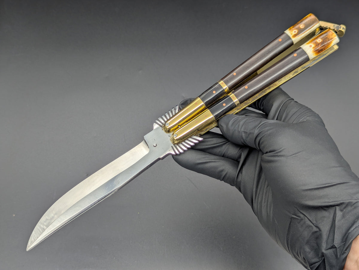 11.25" Dark Wood Carved Eagle FHM Clip Point Balisong