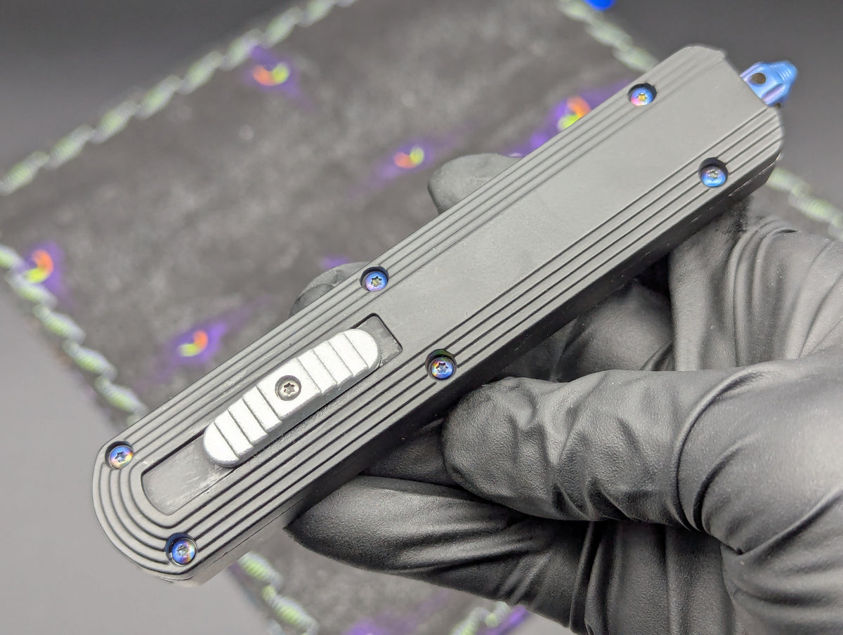 9.25" DAMASCUS DUAL ACTION OTF KNIFE D/E SERR. BLUE HARDWARE