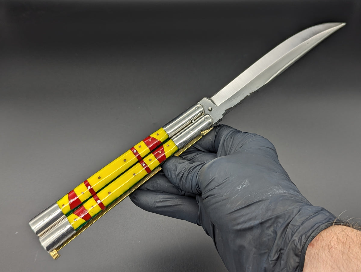 29cm 270g FIESTA FHM BALISONG YELLOW/ RED CLIP POINT
