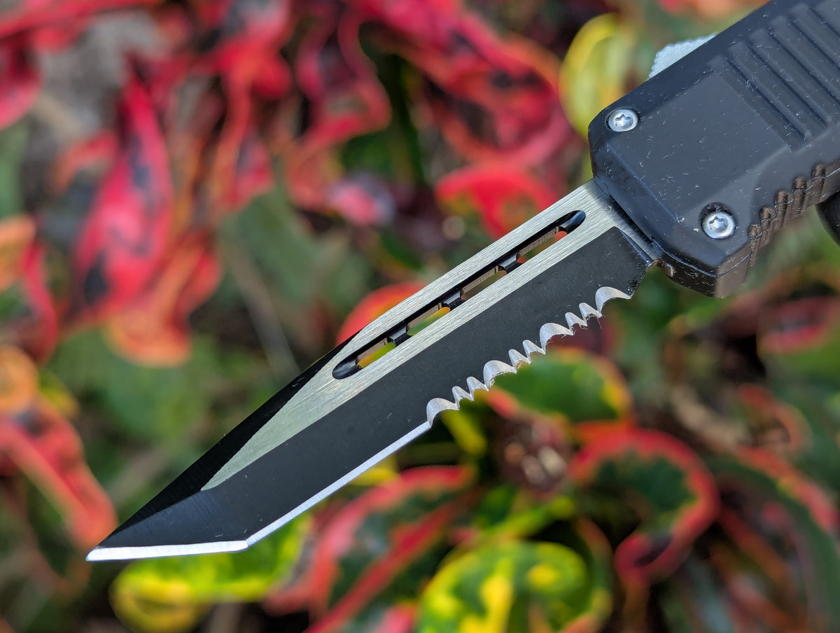 7" Black Mini Tanto Serrated D/A OTF Knife