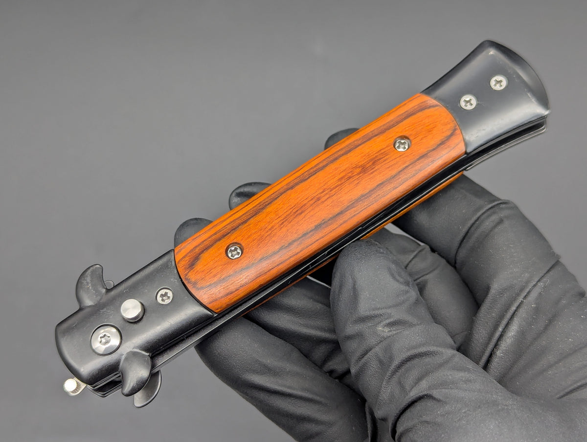TACTICAL RED WOOD DIABLO MILANO SWITCHBLADE KNIFE