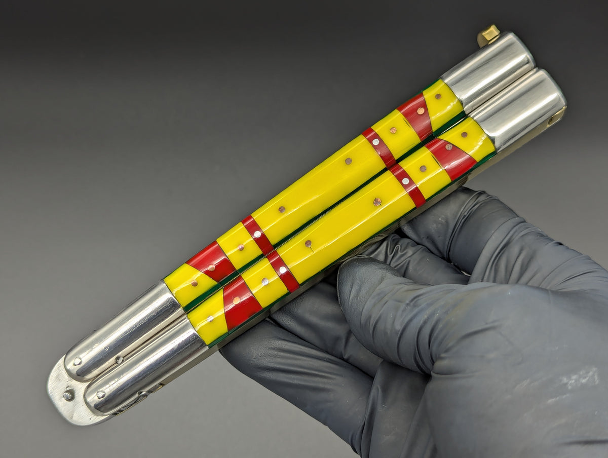 29cm 270g FIESTA FHM BALISONG YELLOW/ RED CLIP POINT