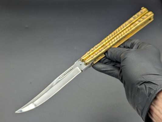 390 GRAM ULTRA HEAVYWEIGHT BRASS FHM BALISONG BLOOD GROOVE CLIP
