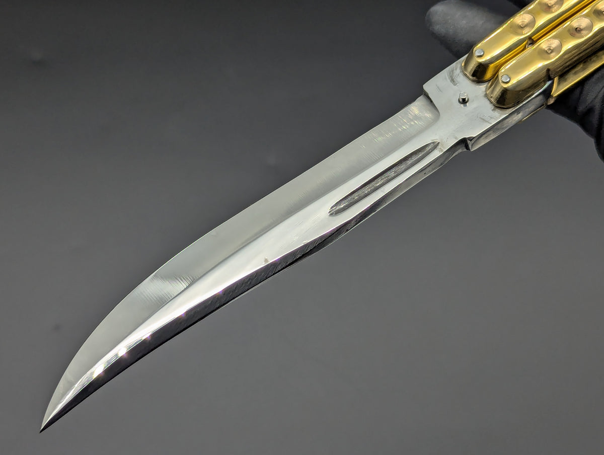 390 GRAM ULTRA HEAVYWEIGHT BRASS FHM BALISONG BLOOD GROOVE CLIP