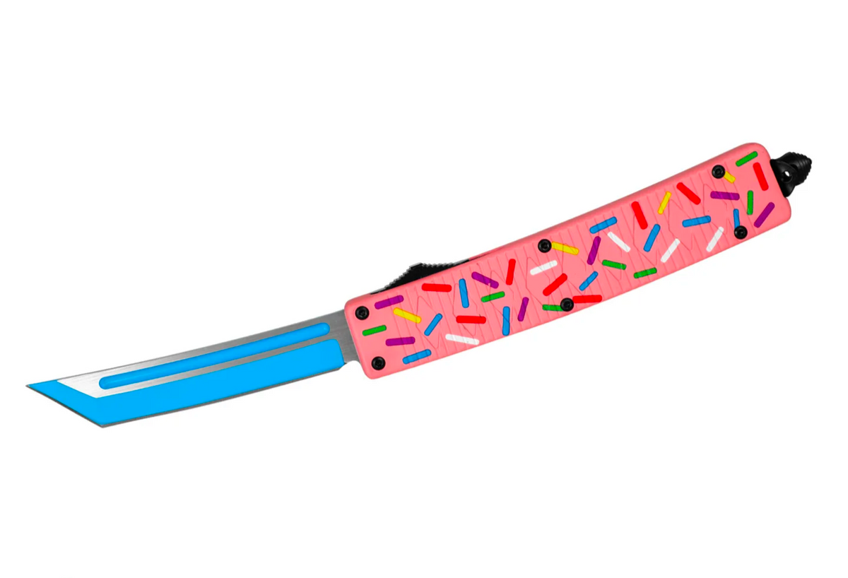 9" CURVED BLUE TANTO PINK SPRINKLE D/A OTF KNIFE