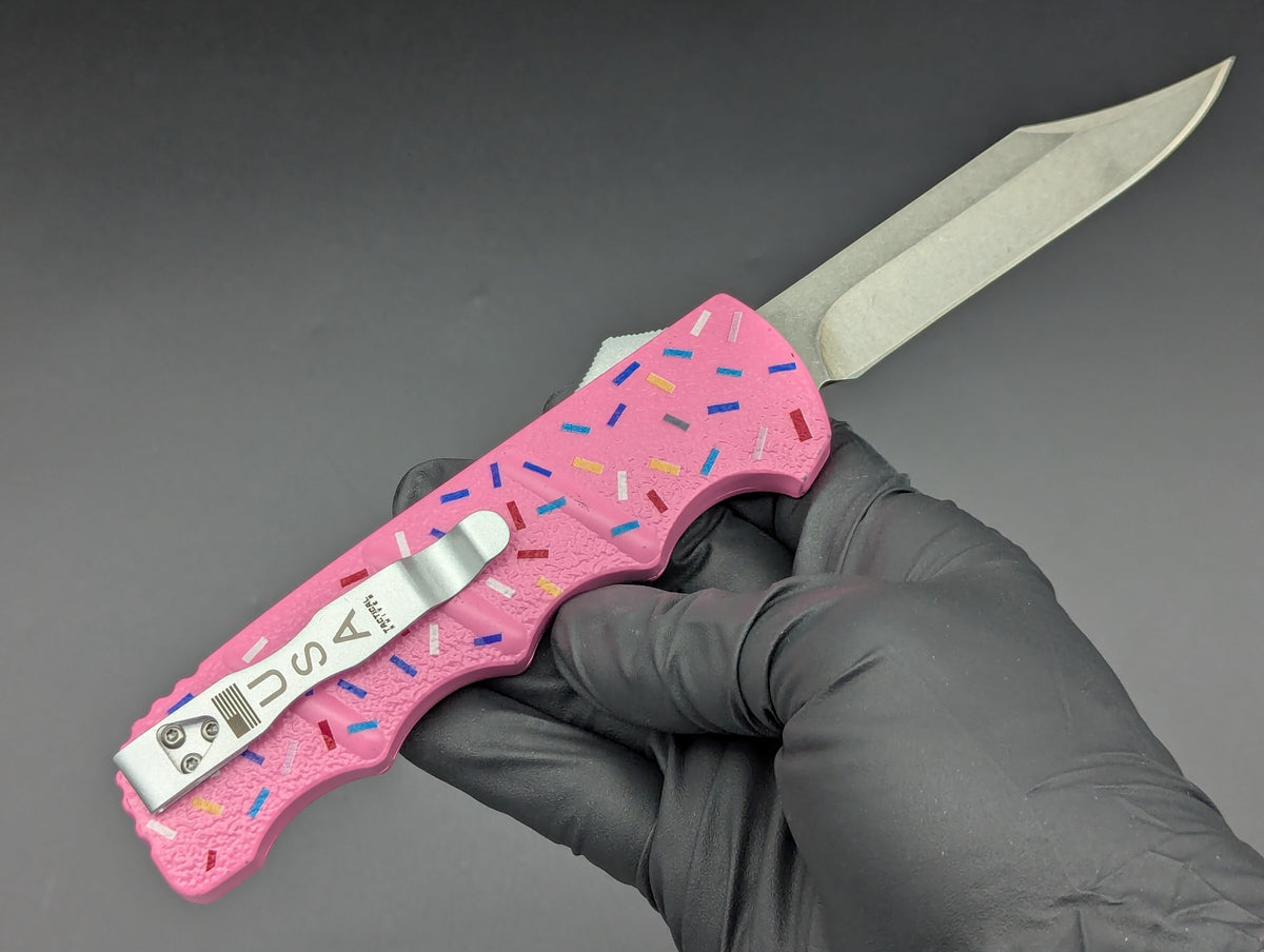 PINK SPRINKLED DONUT CLIP POINT D/A OTF KNIFE