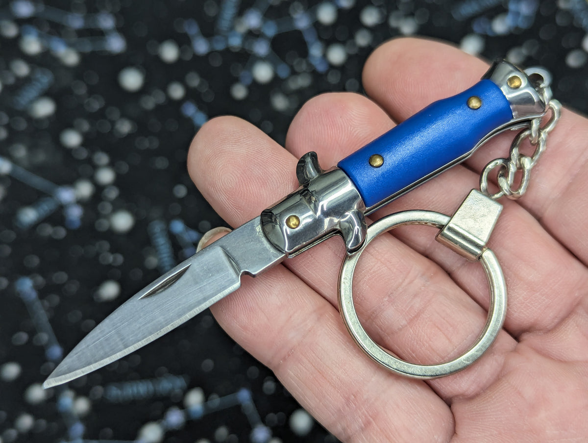 Blue Mini Manual Folding Stiletto Keyring