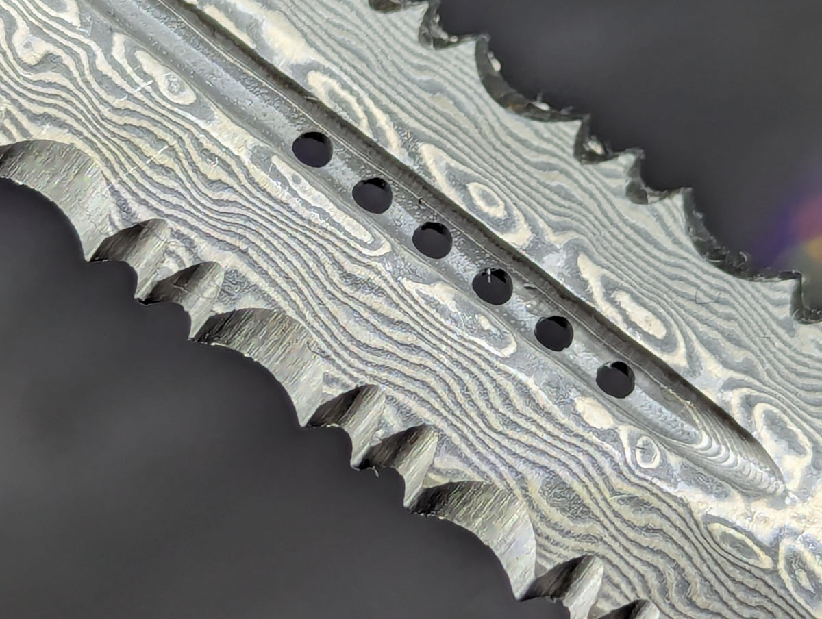 9.25" DAMASCUS DUAL ACTION OTF KNIFE D/E SERR. BLUE HARDWARE