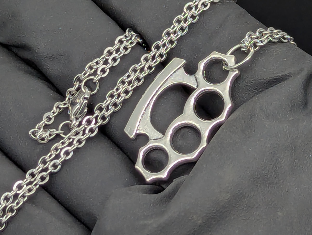 CHROME FINISH BRASS KNUCKLES PENDANT & 22" STAINLESS NECKLACE