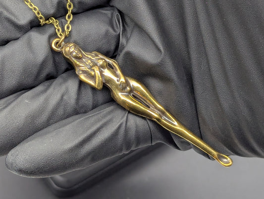 24" Antiqued Bronze Burlesque Risque Nudie Goddess Spoon w/ Steel Link Necklace