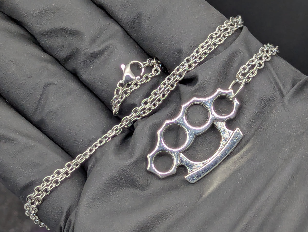 CHROME FINISH BRASS KNUCKLES PENDANT & 22" STAINLESS NECKLACE