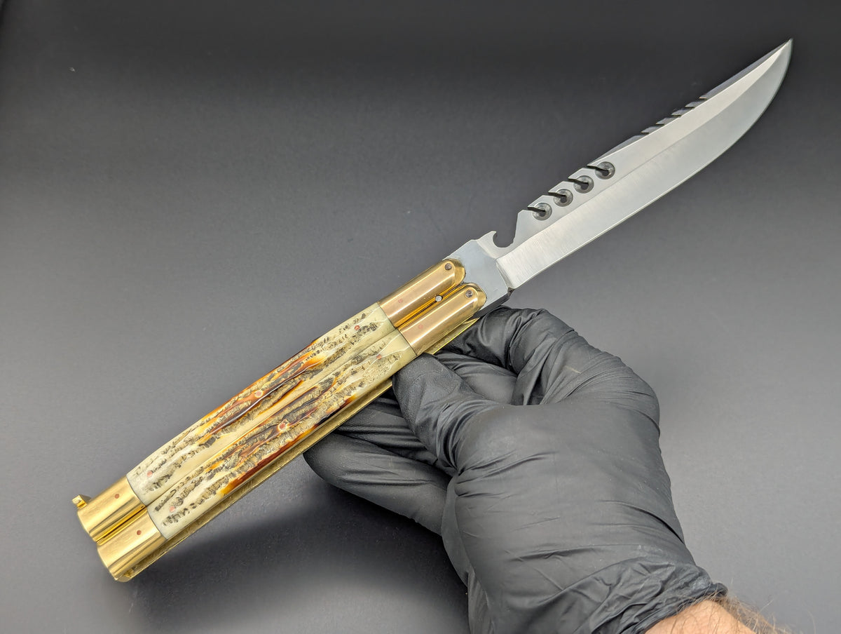 11" JIGGED COWBONE BRASS FHM BALI KNIFE RAMBO B/O CLIP POINT