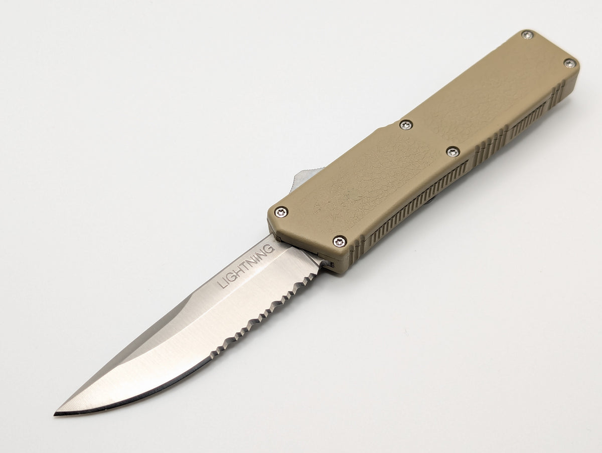 SAND LIGHTNING OTF KNIFE SERR. EDGE DROP POINT BLADE